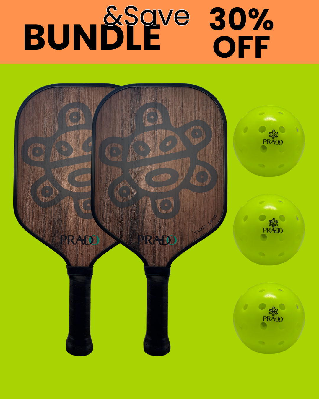 pickleball starter kit with two Taíno design paddles and three yellow balls bundle with 30% off