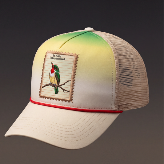 A trucker-style baseball cap with a cream-colored front panel and brim, a green-to-yellow gradient on the back panels, a red piping accent along the edge of the brim, and a square embroidered patch depicting a bird on a branch. The cap is shown floating against a dark gray gradient background.