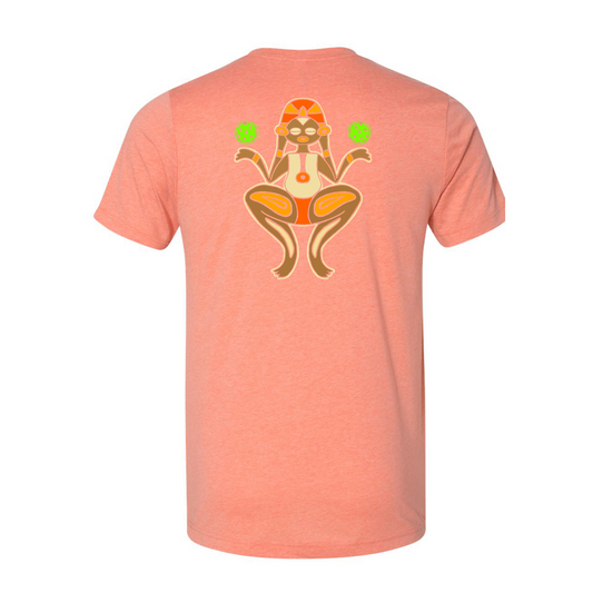 Heather coral unisex cotton blend t-shirt with Atabey pickleball graphic and Prado logo