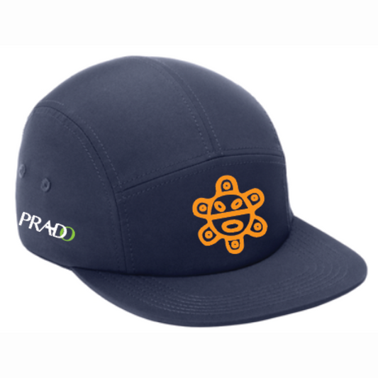 Navy Prado Activewear Taino Sun Camper Hat with orange Taino Sun emblem and PRADO logo on the side, breathable and adjustable for outdoor use.