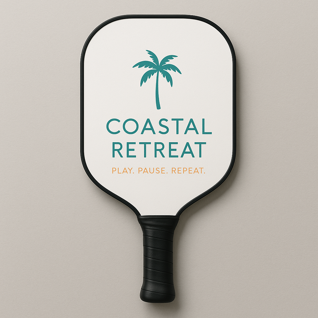 customizable fiberglass pickleball paddle with coastal retreat logo and comfortable grip