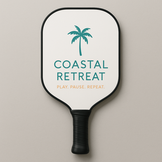 customizable fiberglass pickleball paddle with coastal retreat logo and comfortable grip