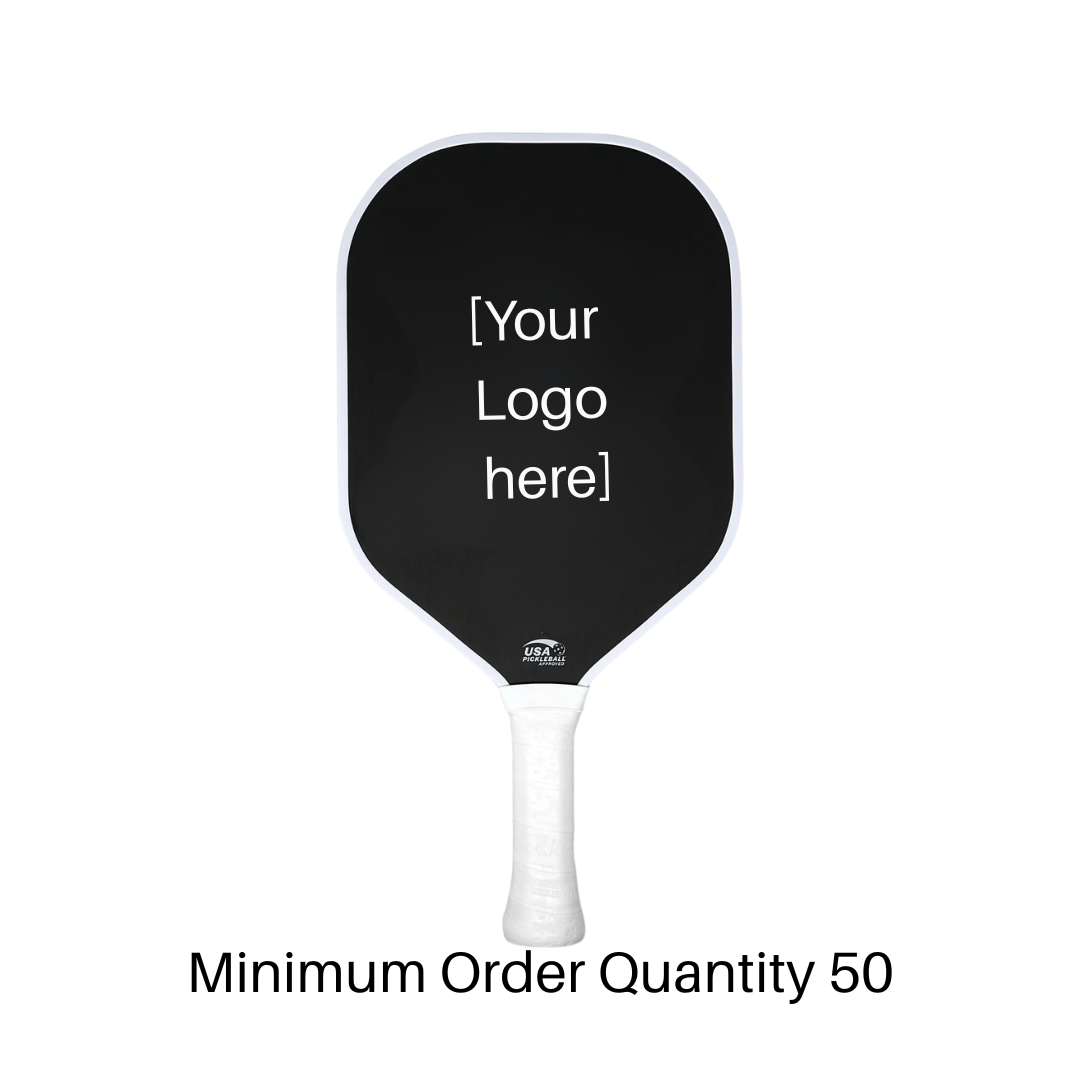customizable thermoformed carbon fiber pickleball paddle with white grip and black face for branding, minimum order 50 units