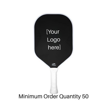 customizable thermoformed carbon fiber pickleball paddle with white grip and black face for branding, minimum order 50 units