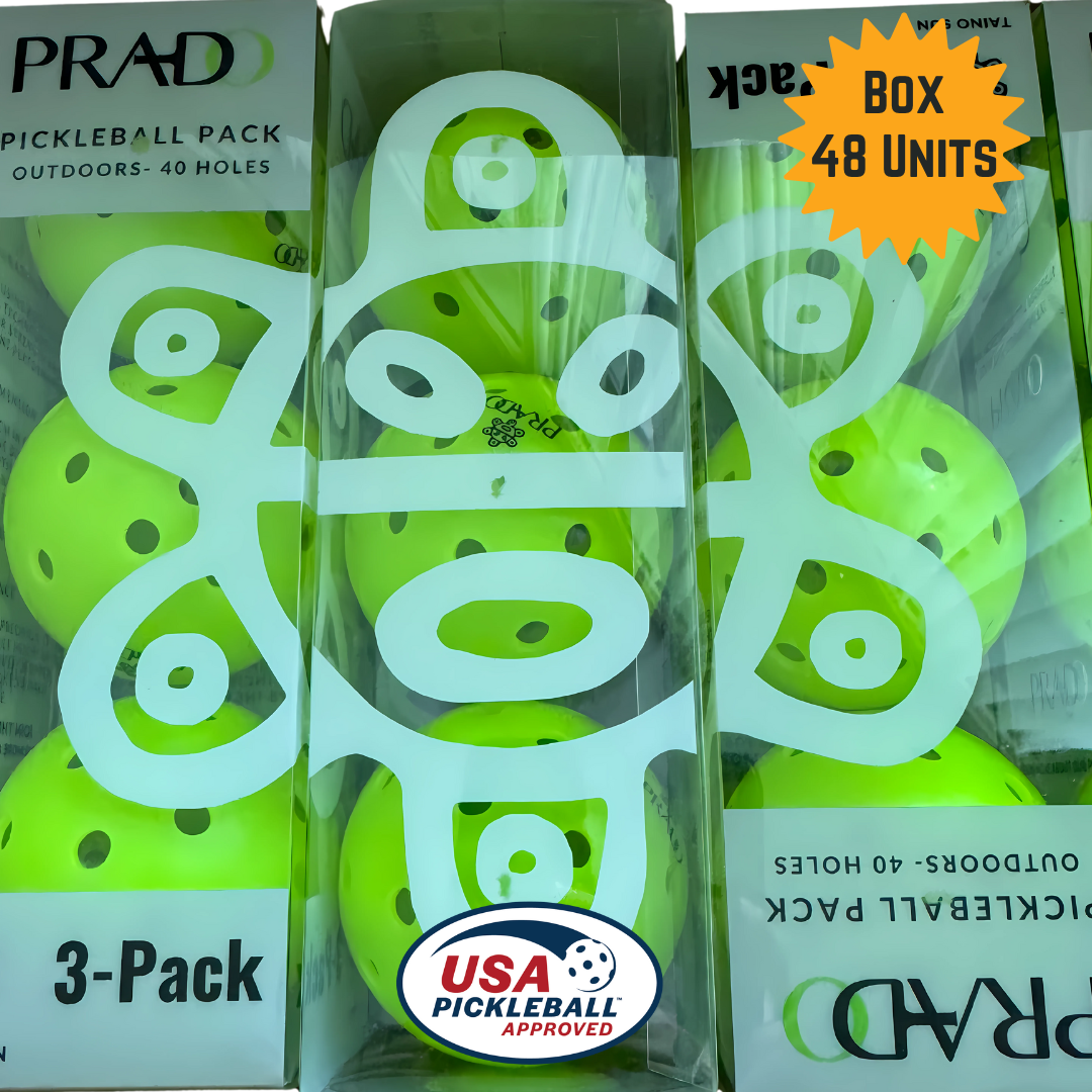 USAPA approved Taino Sun pickleball balls 3-pack with 40 perforated holes, bright yellow-green color, and cultural design, box of 48 units for outdoor play