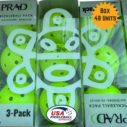 USAPA approved Taino Sun pickleball balls 3-pack with 40 perforated holes, bright yellow-green color, and cultural design, box of 48 units for outdoor play
