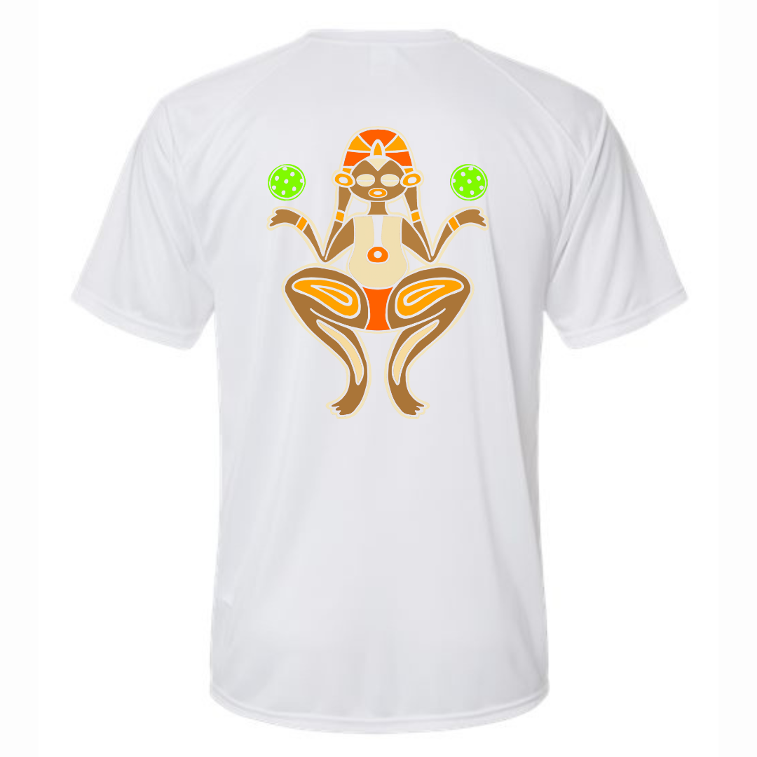 White unisex pickleball graphic t-shirt with Atabey design holding two pickleball balls on the back