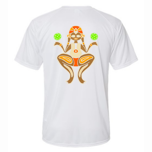 White unisex pickleball graphic t-shirt with Atabey design holding two pickleball balls on the back