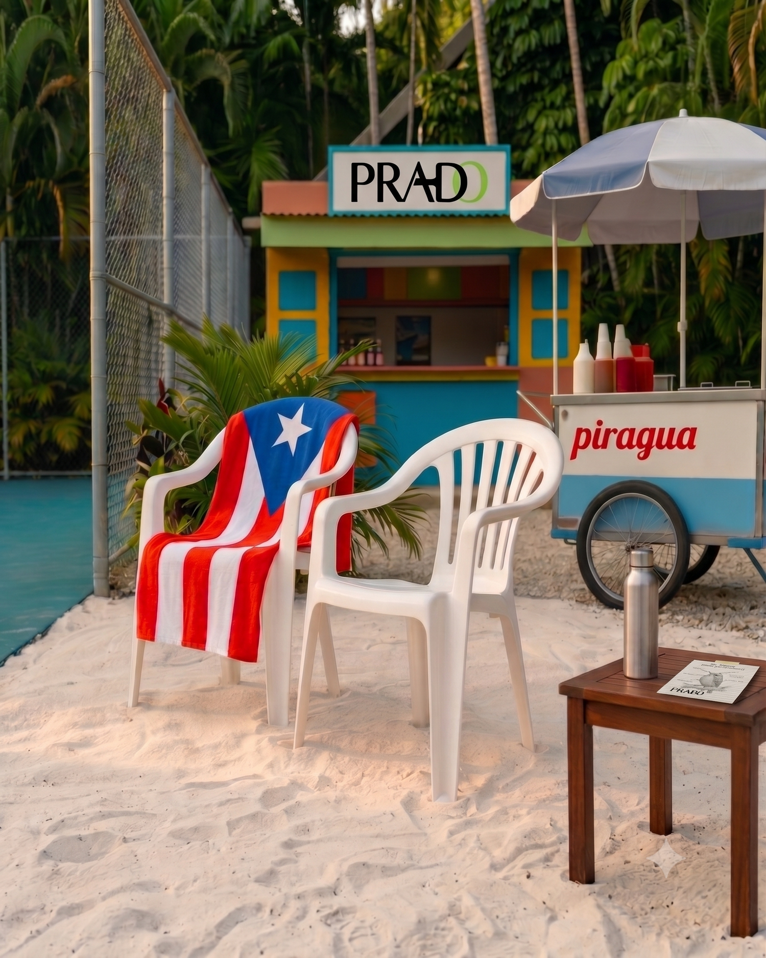 Pickleball Court Open Play scene with a colorful Prado sign, beach chairs, and a Piragua cart.