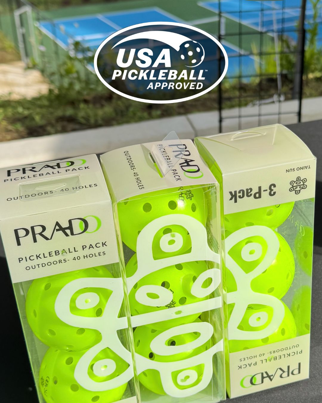 Three packs of PRADO pickleball sets with a USA Pickleball Approved logo in the background.