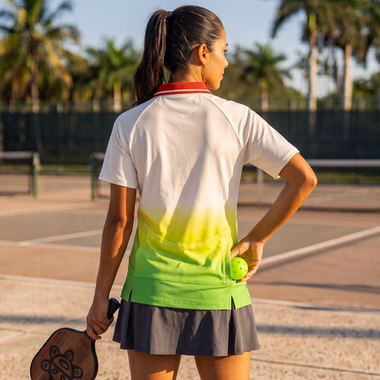 A woman on a pickleball court wearing a white, yellow, and green gradient t-shirt, a gray pleated skirt, and holding a paddle and retrieving a pickleball  ball from her back pocket.