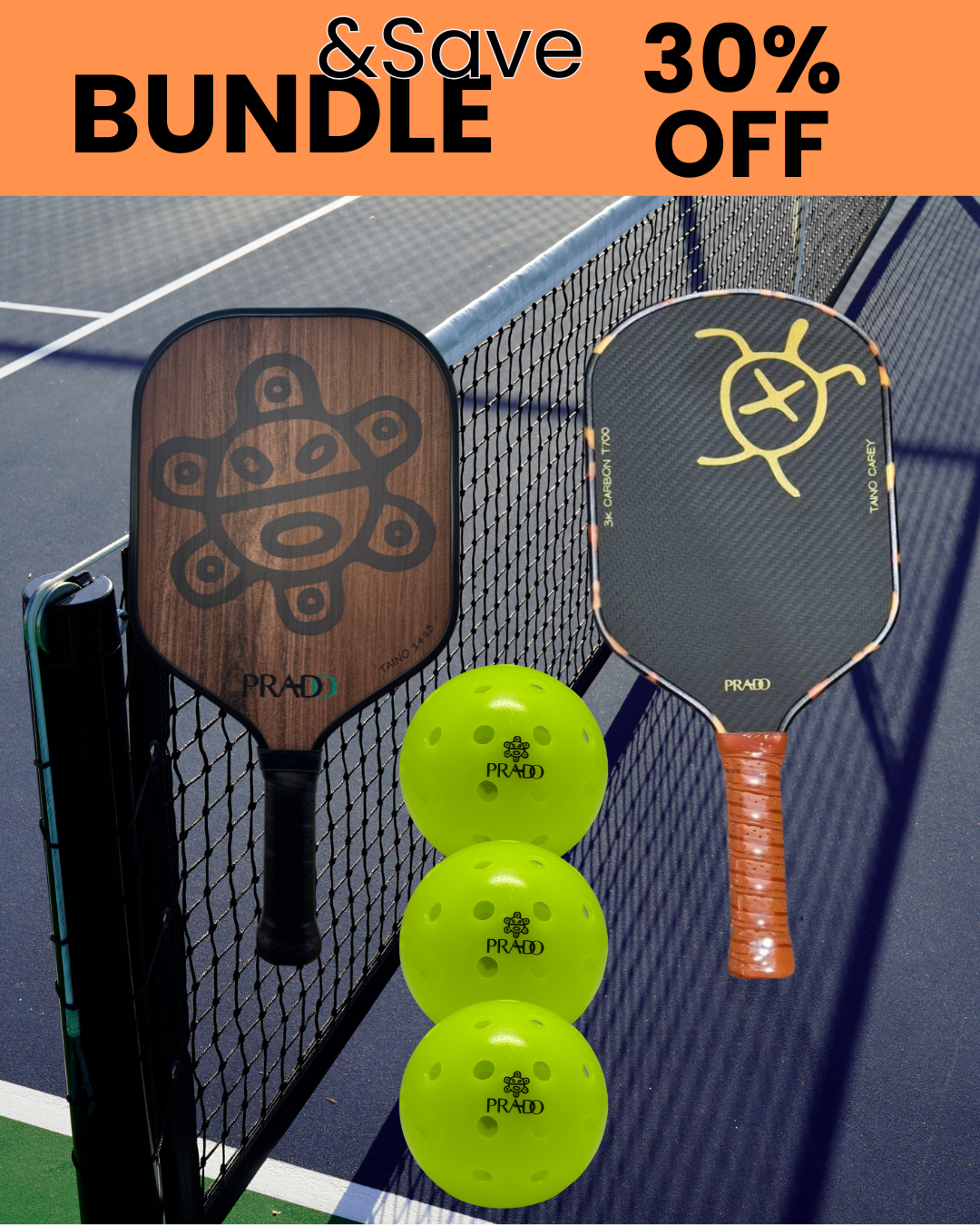 Taíno Starter Kit with two premium pickleball paddles and three yellow balls on court bundle sale 30% off