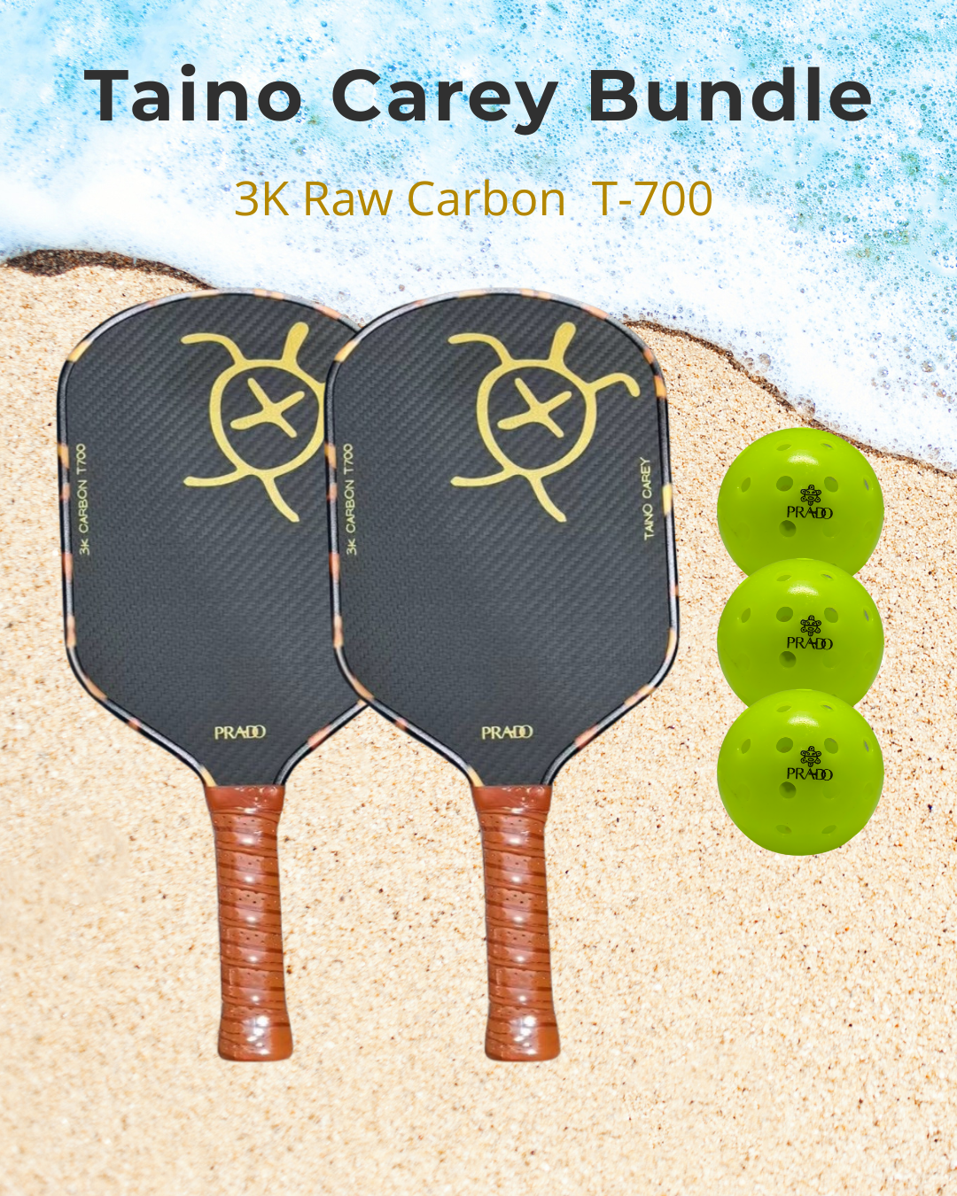 Taíno Carey Starter Kit with 2 raw carbon T700 paddles and 3 neon green USAPA-approved pickleball balls on sand background