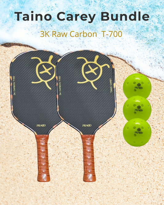 Taíno Carey Starter Kit with 2 raw carbon T700 paddles and 3 neon green USAPA-approved pickleball balls on sand background