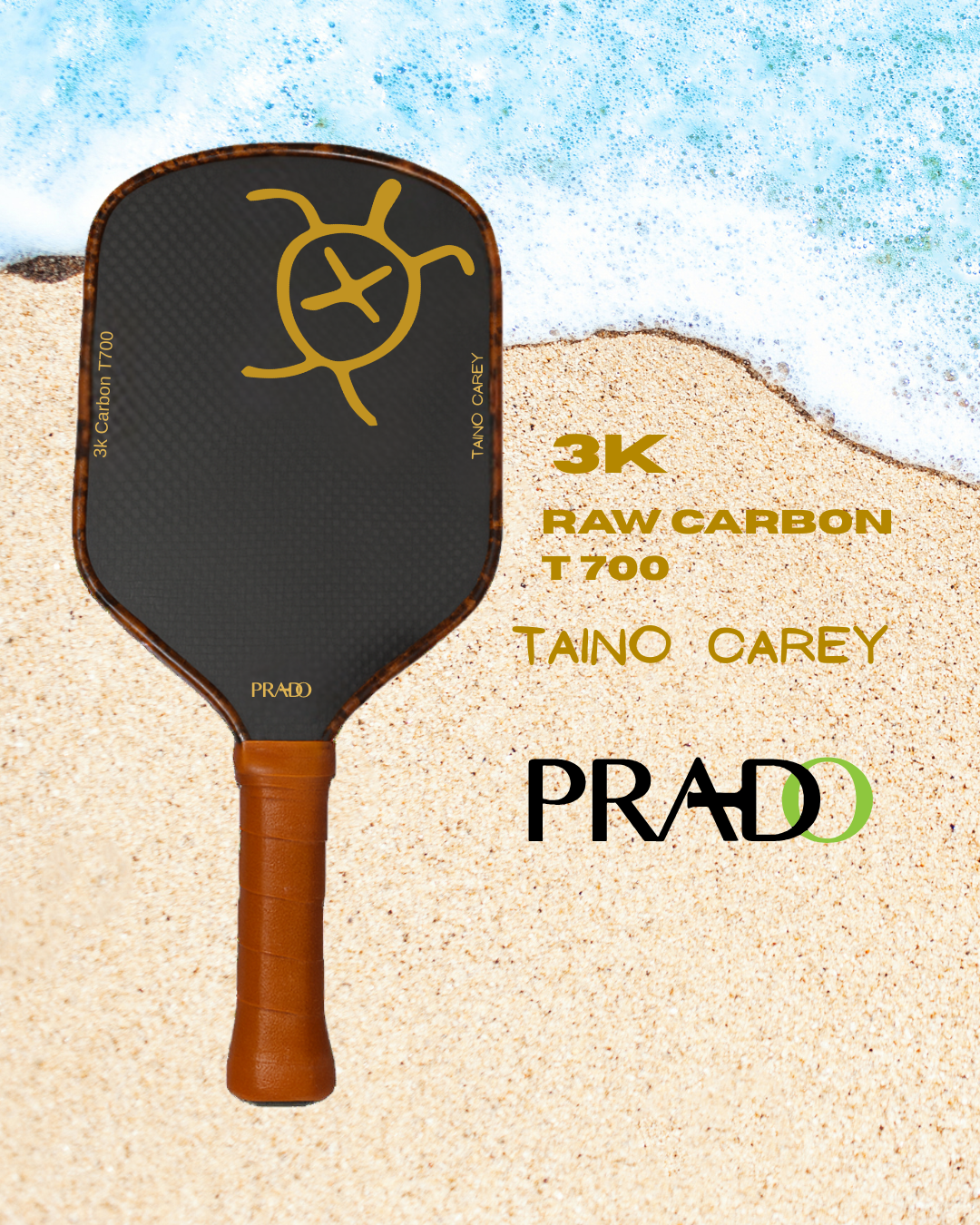 Taíno Carey Paddle 3K T700 carbon pickleball paddle with brown leather handle on sandy beach background