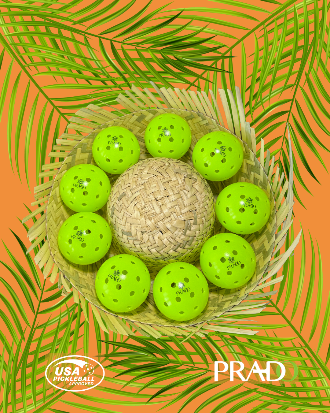 Set of bright green USAPA-approved Taíno Sun pickleball balls arranged in a woven basket with tropical palm leaves on an orange background
