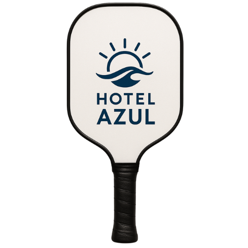 customizable carbon fiber pickleball paddle with cold press face and 16mm honeycomb core featuring Hotel Azul logo